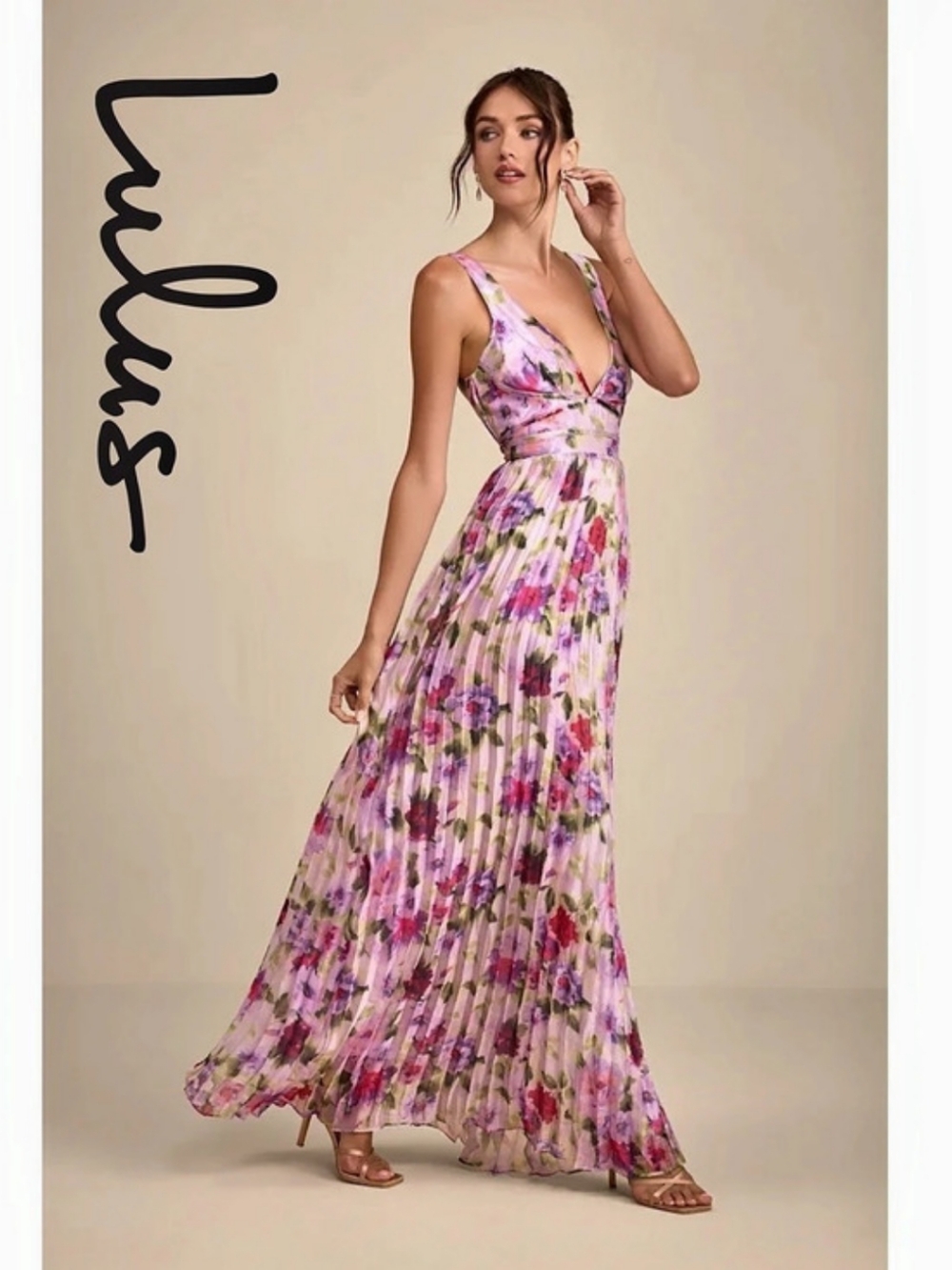 Lulus - Morgana Pink Multi Floral Satin Pleated Maxi Dress - XL